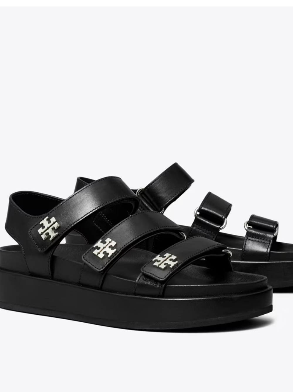 Tory Burch Black Leather Triple-Strap Platform Sandals with Logo Hardware - Picture 2 of 6